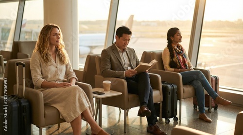 Three individuals sit in an airport lounge with their travel bags and drinks while waiting for a flight in the evening light