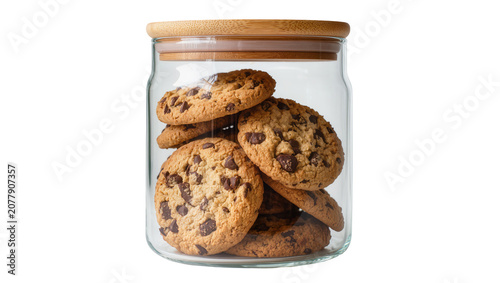 Quadro su tela Chocolate chip cookies stacked inside a glass jar with bamboo lid, isolated on t