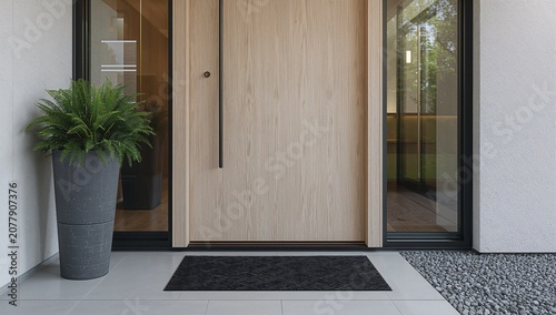 Modern wooden front door entrance with potted plant and mat