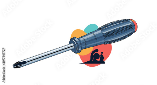 Classic blue-handled Phillips screwdriver tool isolated on a white background with colorful abstract shapes.