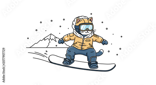 Cute cartoon cat dressed in warm winter clothes and goggles snowboarding down a snowy mountain in active style.