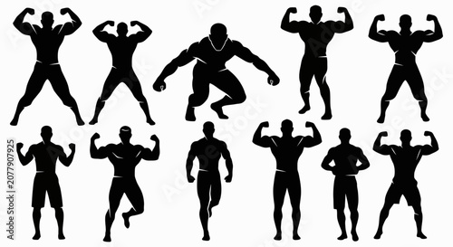 Cuadro en lienzo Silhouettes of muscular men flexing in various poses.
