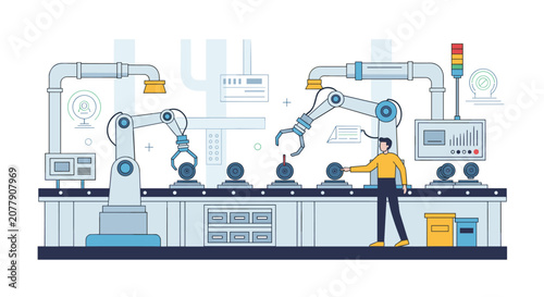 Automated industrial robotic arm assembly line working on a manufacturing factory conveyor belt overseen by a male engineer.