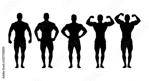 Tableau sur toile Silhouettes of five muscular bodybuilders flexing in various poses