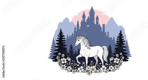 Mythical white unicorn standing gracefully in a floral meadow in front of a dark pine forest with a fairy tale castle silhouette.