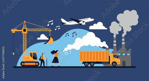 Conceptual illustration representing environmental and noise pollution caused by industrial factories, construction, and airplanes.