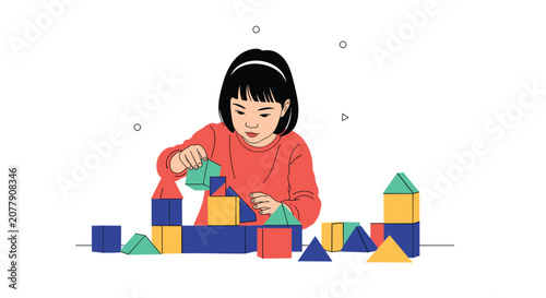 Young asian girl carefully building a tower using colorful geometric toy blocks on a plain white background.