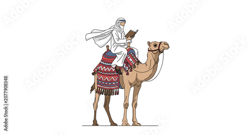 Arabian man in traditional white robes riding a decorated camel while reading a book against a plain white background.