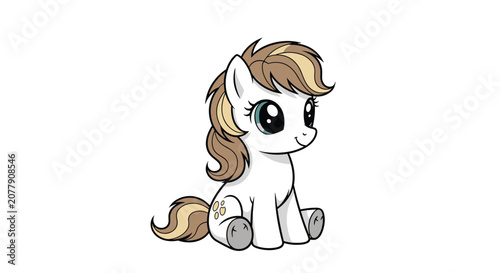 Adorable baby pony character with big eyes and a brown-and-blonde mane sitting happily on a white background.