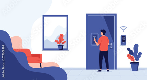 Young man using a touch panel to unlock his smart electronic home door lock using internet of things technology.