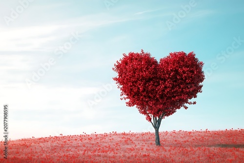 A heartshaped tree with vibrant red leaves standing in a field of red flowers