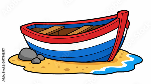 Small blue and red wooden boat.