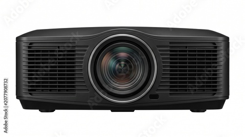 Black home cinema projector front view isolated on white background
