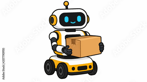 Smiling robot holding cardboard box.