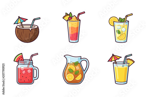 Collection of refreshing summer drinks with fruits and garnishes
