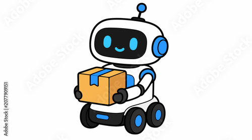 Smiling Robot Holding Delivery Box.