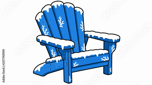 Snow covered blue wooden Adirondack chair.