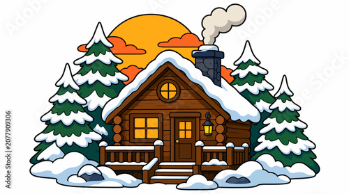 Snowy Cabin in the Woods Scene.