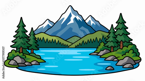 Snowy mountain peak with lake water.