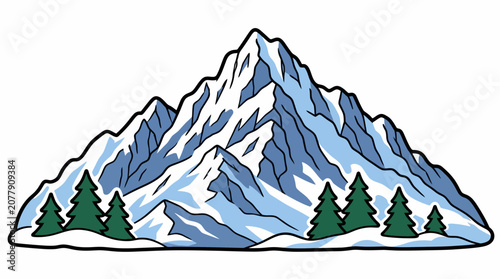 Snowy Mountain Peaks with Pine Trees.