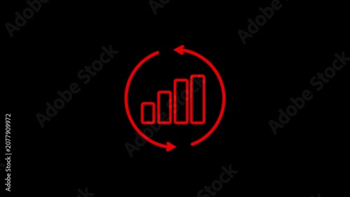Red bar chart graph with circular arrows on black background data analysis and statistics concept