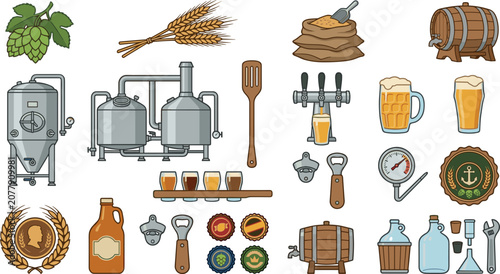 Tableau sur toile Craft Beer Brewery Equipment and Beer Making Process Icon Set with Fermentation