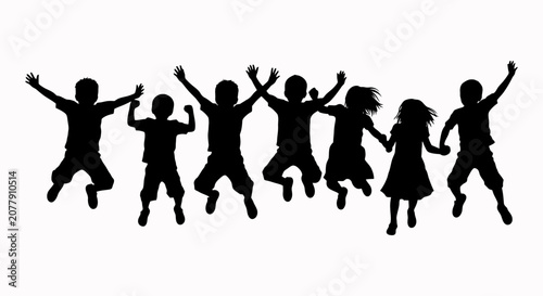 Foto Silhouetted Children Jumping Together in Joyful Celebration.