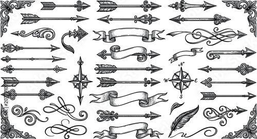 Quadro su tela Vintage Filigree Arrow and Calligraphic Element Set with Ornamental Corners, Rib
