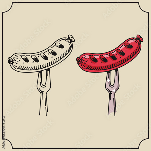 Hand Drawn Grilled German Sausage on Fork Pack Black Outline and Colored Bratwurst Icons