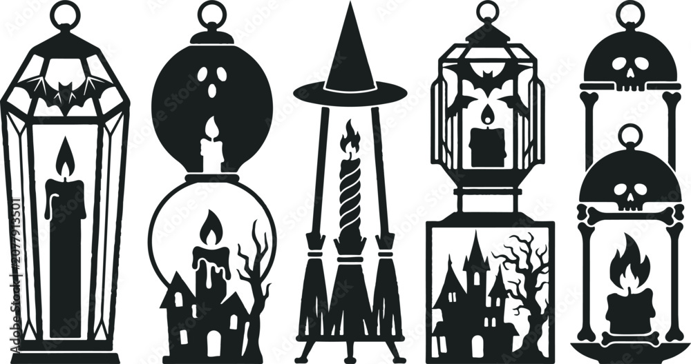 Naklejka premium Set of thirty-one black candle silhouettes with melting wax and glowing flames for spiritual religious Black silhouette candles and cauldron collection for halloween design