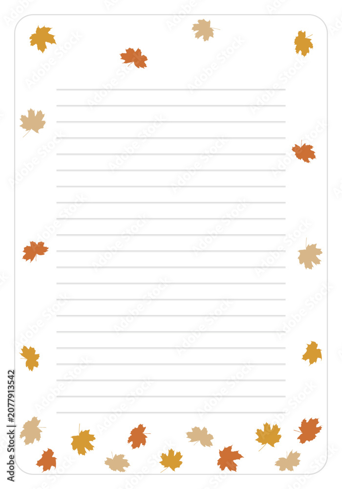 Fototapeta premium Autumn printable journal page with lines. Fall maple leaves notebook paper template for KDP