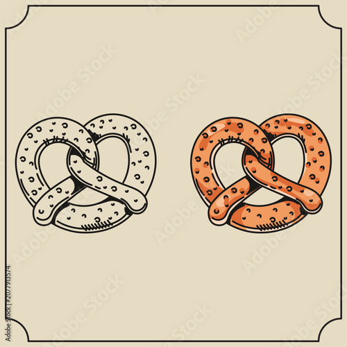 Hand Drawn German Pretzel Pack Black Outline and Colored Bavarian Brezel Snack Icons
