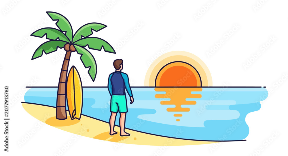 Fototapeta premium Man with surfboard watching sunset on a tropical beach