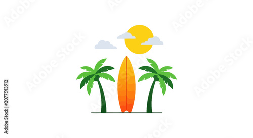 Minimalist tropical beach scene with surfboard and palm trees
