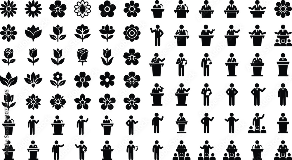 Fototapeta premium Flower and Business People Icons Set with Floral Elements, Presentation, Leadership and Teamwork Vector Collection
