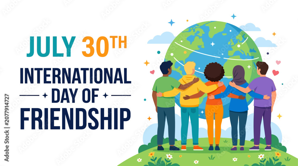 Obraz premium vector international friendship day poster template. Happy international friendship day greeting card, back view of friends group. abstract vector illustration design