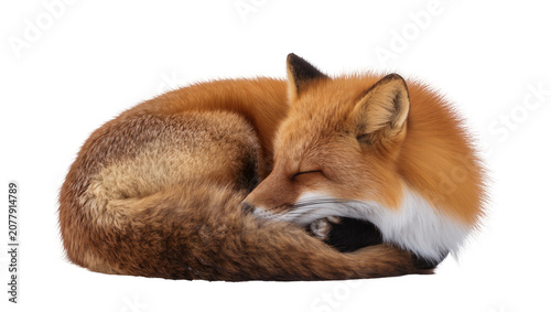 Cuadro en lienzo Sleeping red fox curled up with tail covering nose, isolated on transparent back