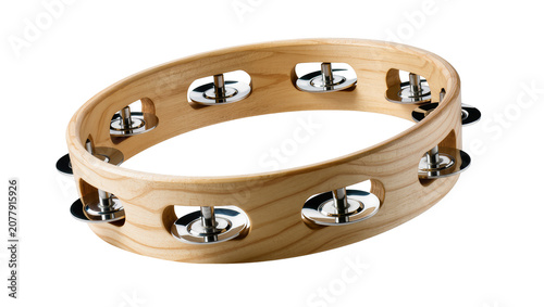 Fotografie Natural wood tambourine with shiny metal jingles, isolated on transparent backgr