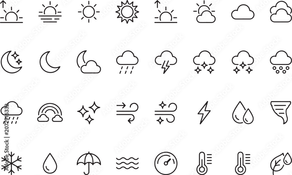 Fototapeta premium Set of 35 black outline weather featuring sun, clouds, rain, and temperature symbols