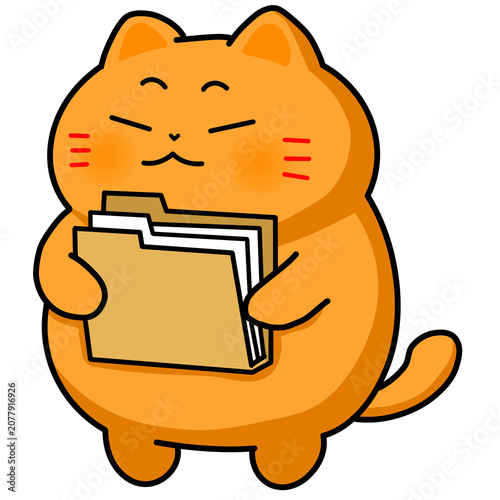 A cute chubby orange cat holding a file folder cartoon for office, school or work concept illustration