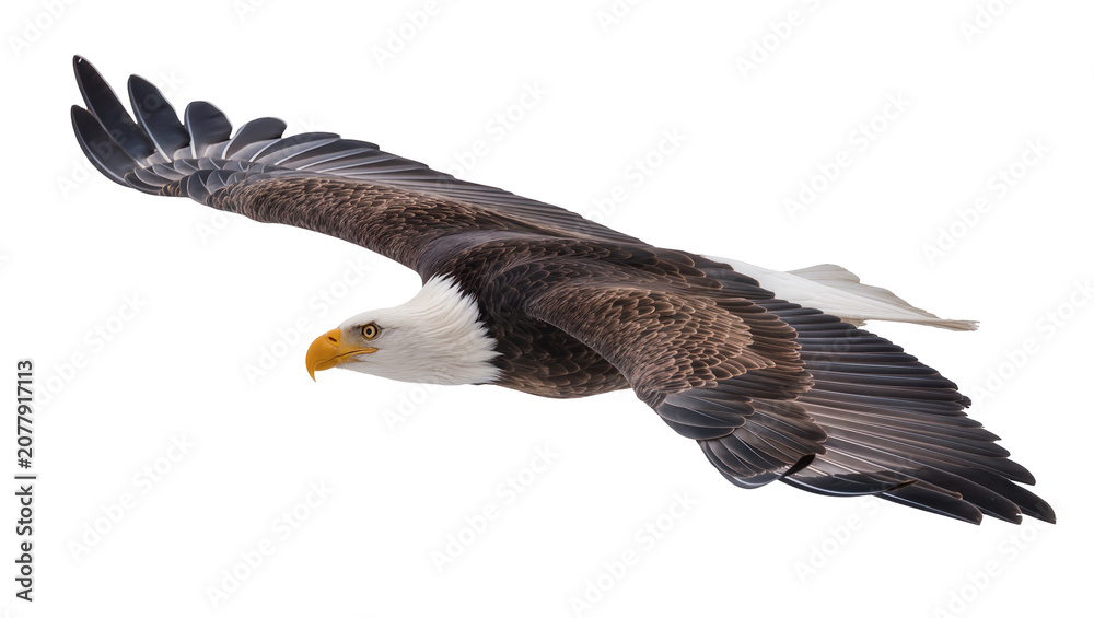 Fototapeta premium Majestic bald eagle with outstretched wings, isolated on transparent background