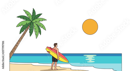 Surfer with surfboard standing on a tropical beach illustration