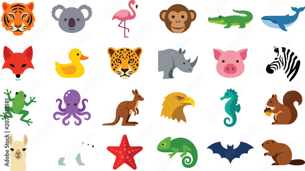 Obraz premium Cute Cartoon Wild Animals and Zoo Safari Flat Icon Set Featuring Mammals Birds Marine Life Amphibians Reptiles and Nature Wildlife Vector Mascot Elements