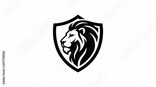 Foto Majestic lion head inside shield logo design, royal guard security crest vector