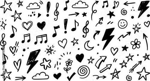 Hand drawn doodle arrows and symbols black icons on white background for creative projects