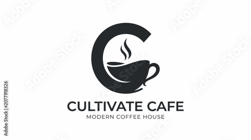 Cultivate cafe modern coffee house logo, initial letter C cup with steam vector icon