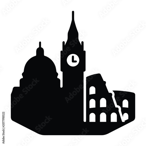 European city silhouette with clock tower and domed building black on white