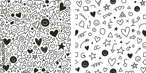 Hand drawn doodle arrows shapes and smiley faces seamless pattern for scrapbooking crafts and design projects
