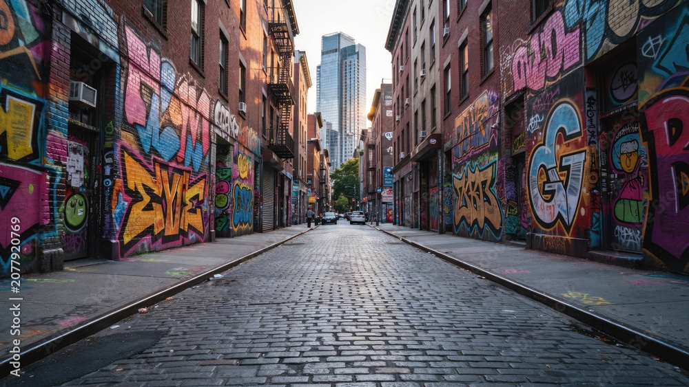 Naklejka premium Cobblestone street lined with graffiti-covered brick buildings and distant skyscraper