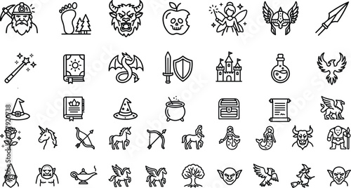 Fotografia Fantasy Fairytale and Folklore Line Icon Set Featuring Magical Creatures, Unicor